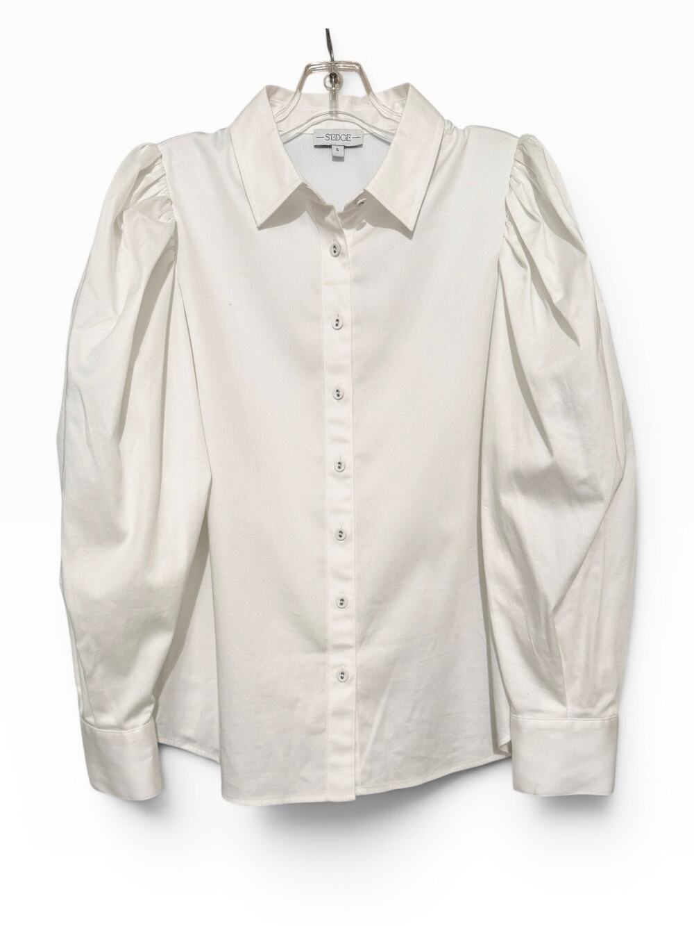 S'edge White Cotton Button Front Blouse Puff Sleeve Collared Shirt Top Small